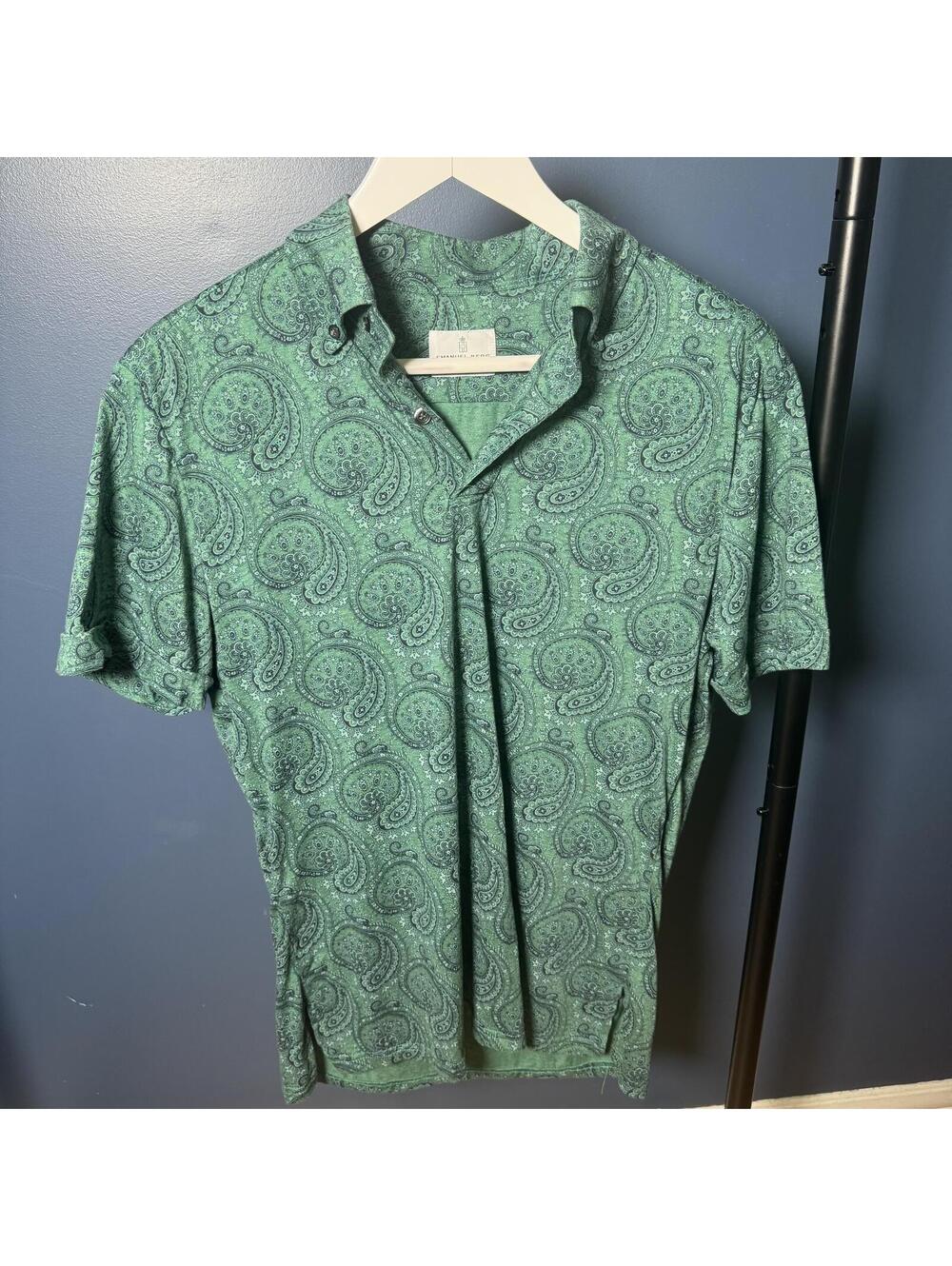 Emanuel Berg Modern Slim Fit Green Paisley Polo Shirt M Cotton Made in Poland - Picture 2 of 8